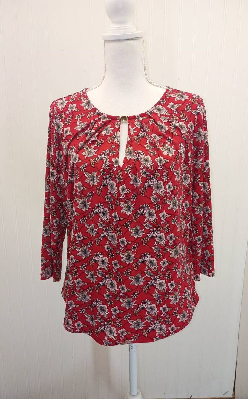 Liz Claiborne career, long sleeve, red floral blouse. Size medium petite